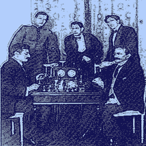 Emanuel Lasker and Siegbert Tarrasch playing chess as Alexander Alekhine, J.R. Capablanca and Frank Marshall look on